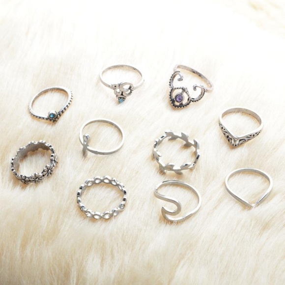 Boho Silver Ring Set of 10 Rings, NEW - Picture 2 of 2